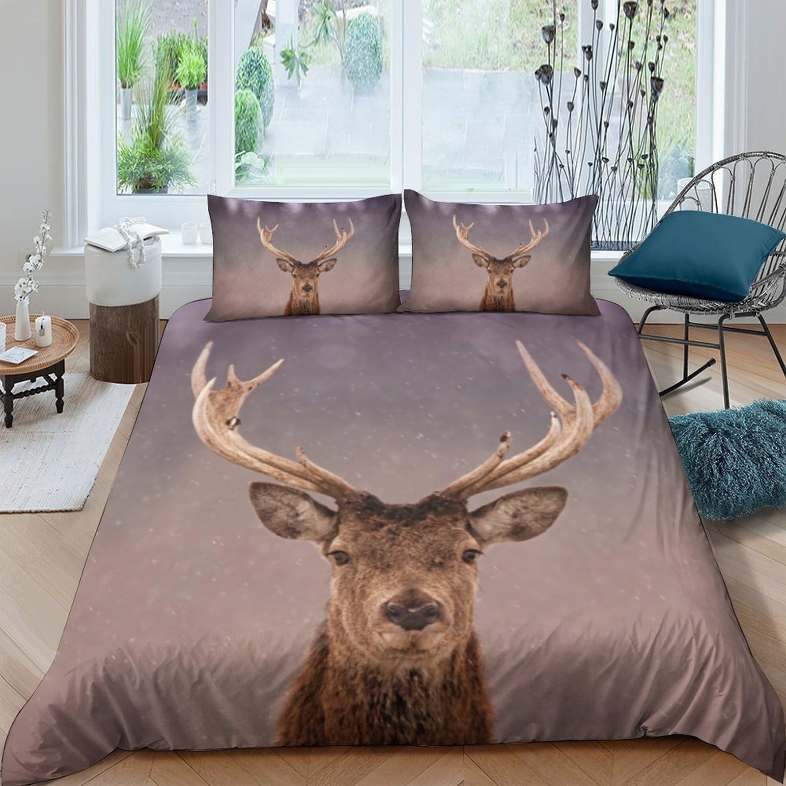 Ctjqhvkz Style-2 3D Printed Deer Forest Fitted Sheet Microfiber Non Slip Soft Brown Antler Mattress Cover Bedroom Decor Single（135X200cm）