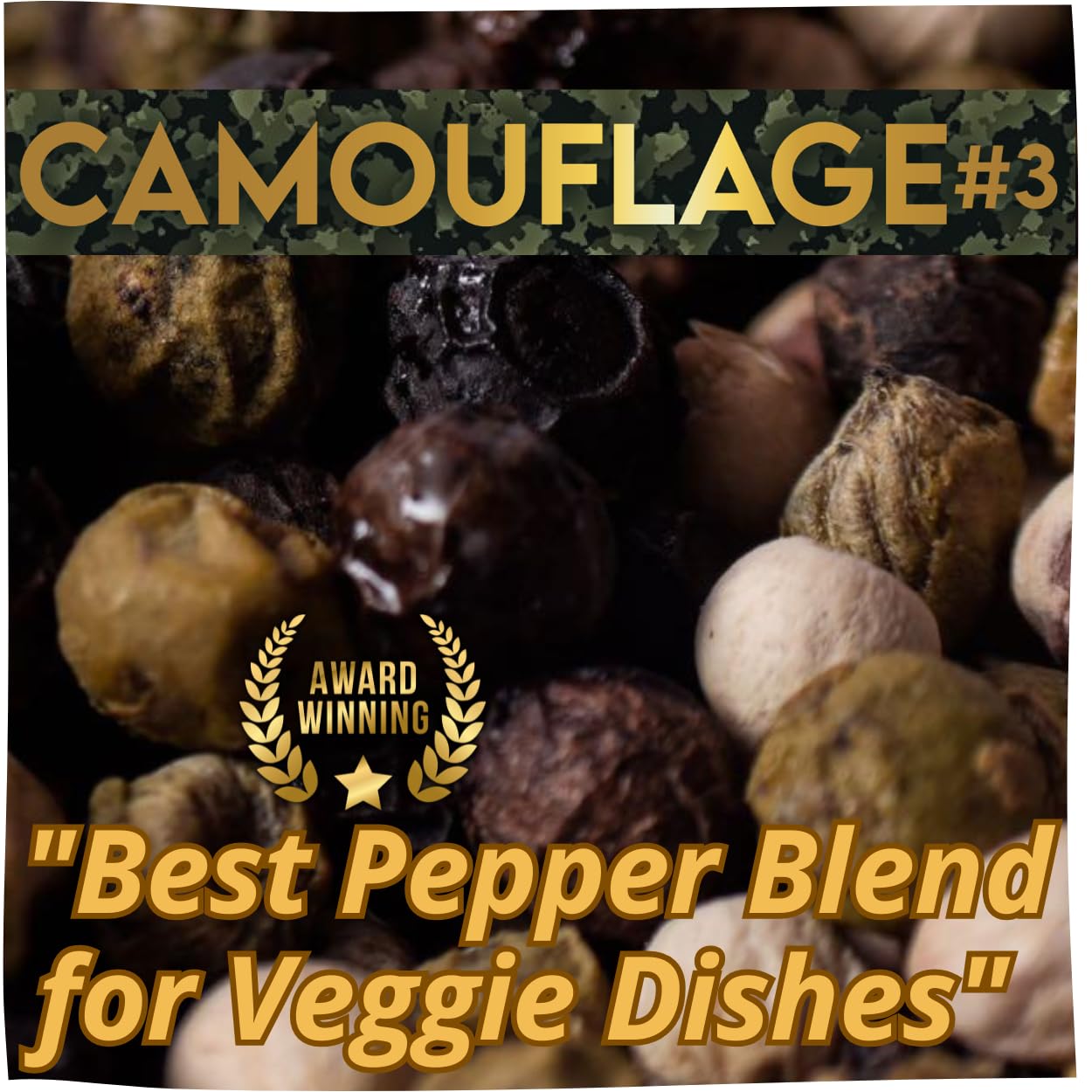 Yupanqui Peppercorn Medley Grinder FOR VEGGIE GRILL, Refillable Pepper Grinder Manual with Organic Peppercorns Mix of Tri Color Peppercorns Whole CAMOUFLAGE, White Green Black Pepper Corns in Grinder