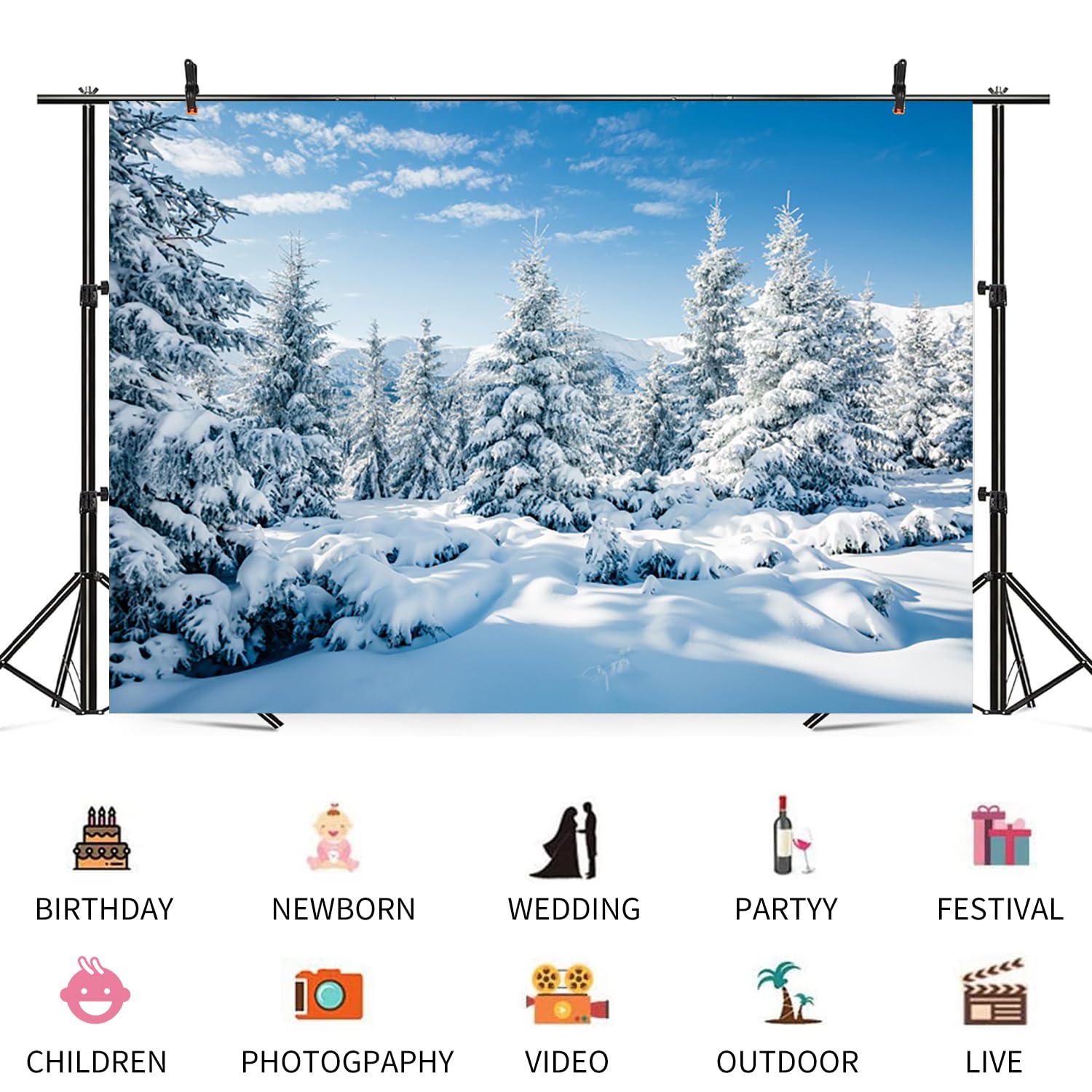 3 x 2,4 m Inverno Paese delle Meraviglie Sfondo Neve Foresta Fotografia di Natale Sfondo Bianco Scena innevata Pini Blu Cielo Nuvola Banner Decorazioni Natale Capodanno Vacanze Festa Photo