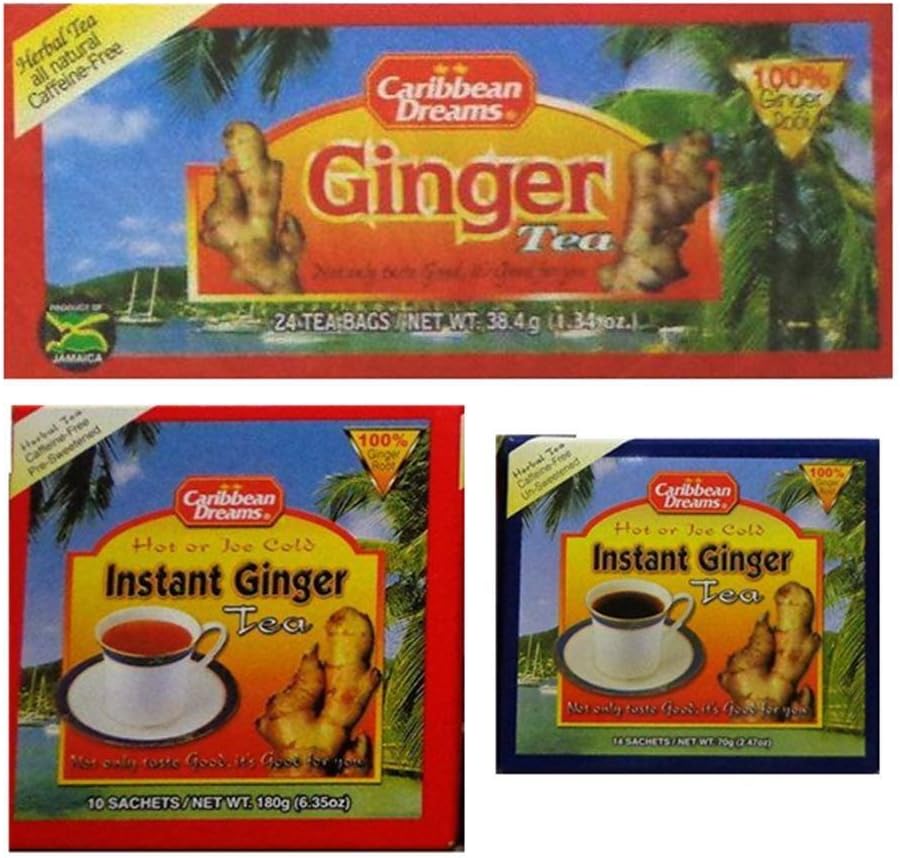 Caribbean Dreams Ginger Tea Bundle: Unsweetened Instant Ginger, Sweetened Instant Ginger and Ginger Teabags