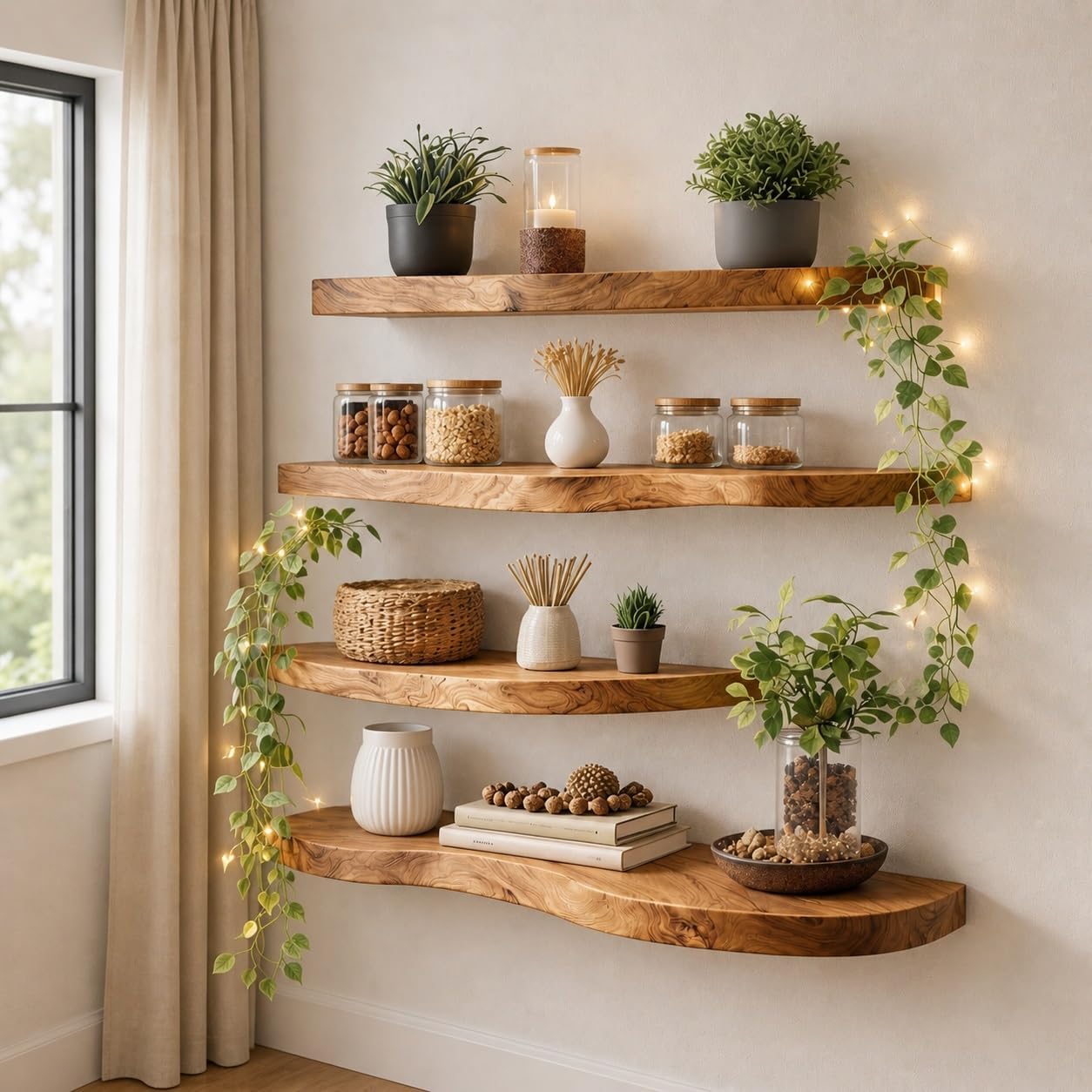 Live Edge Floating Wall Shelf, Solid Wood, Corner Mounted, Natural Wood Grain (24" W X 8" D X 1.5" (Inches))