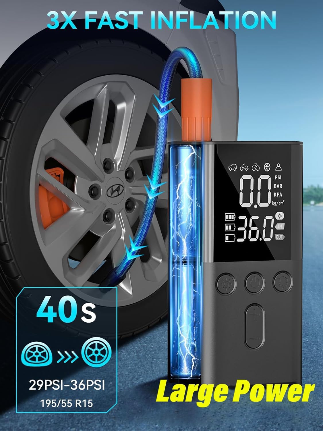 WYRIAZA Compresseur à Air Portatif 150PSI Gonfleur Pneus Voiture 4 Modes Compresseur Voiture sans Fil Mini Compresseur à Air Gonfleur Velo Electrique Portable Noir (PSI, Bar, KPA, KG/CM²)