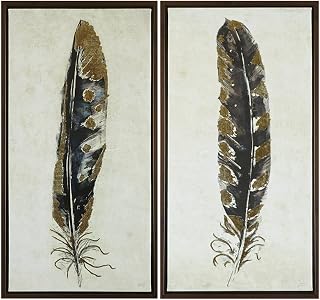 Urban Habitat, Gilded Feathers 2 Piece Set Wall Art Gold Foil Canvas, Modern Contemporary Global Inspired Painting Living Room Accent Décor, Black/Gold, 16.75 x 31.75, Yellow