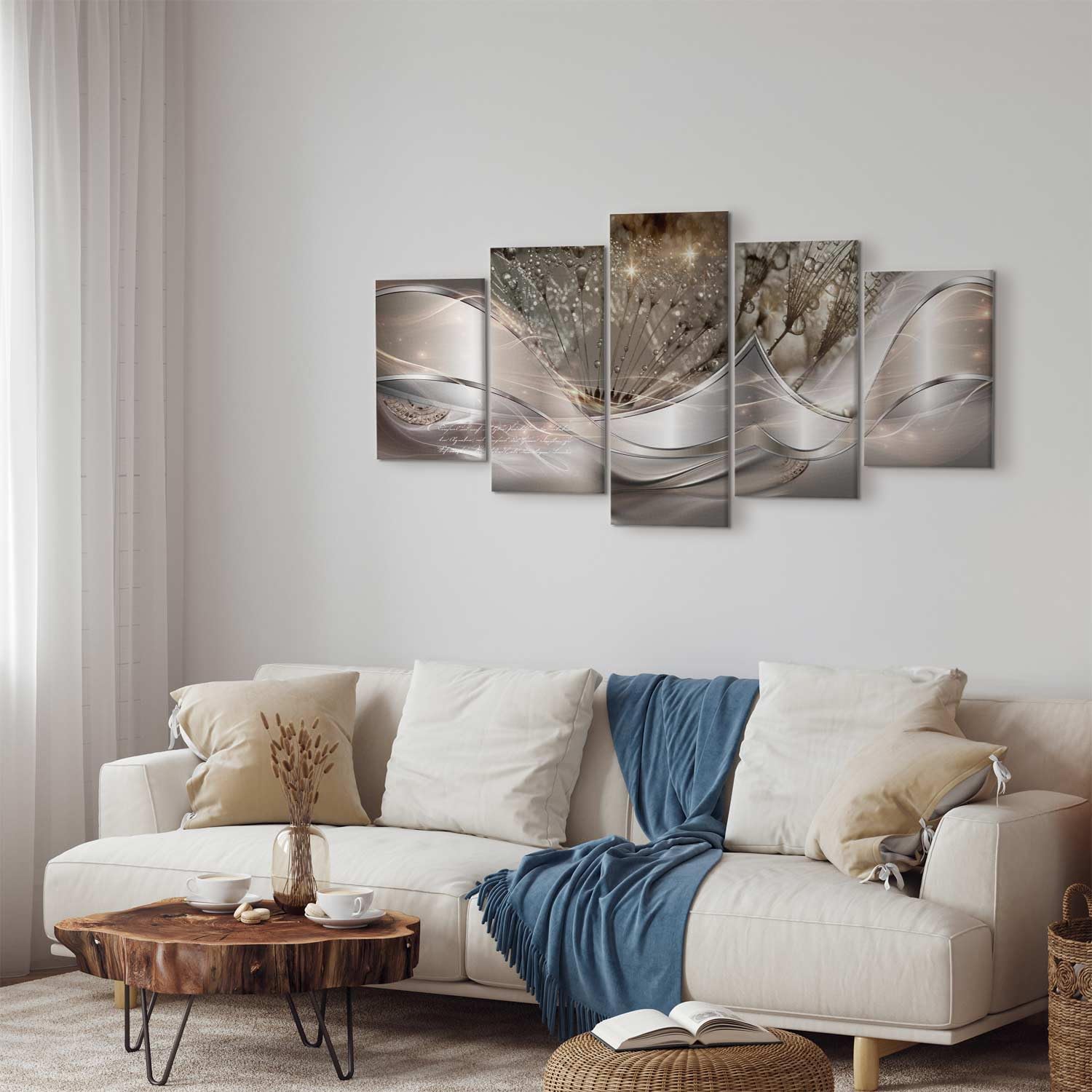murando - Quadro Grande Astratto Fiori 200x100 cm 5 Pezzi Stampa su Tela - Quadri Moderni per Soggiorno Grandi - Decorazione da Parete Elegante Casa - Soffione Grigio Argento Astratta a-C-0087-b-n