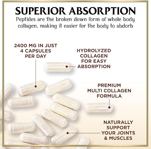 Miniatura 8 de Suplemento de colágeno múltiple de 2400 mg, el mejor complejo de colágeno hidrolizado para mujeres y hombres, con péptido tipo I, II, III, V, X,