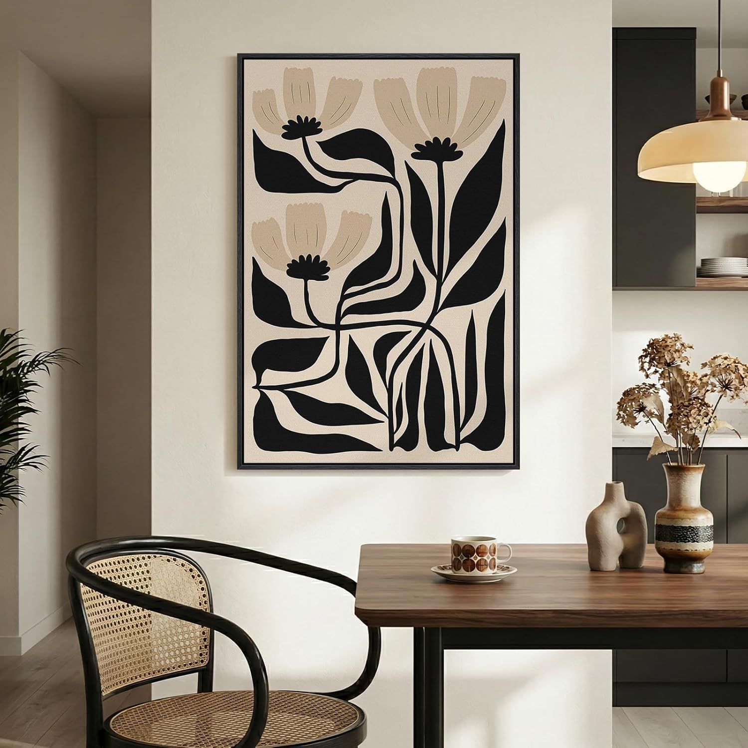 Framed Boho Abstract Floral Wall Art for Living Room, Neutral Black Beige Botanical Painting Print Canvas Artwork for Walls, Vertical Mid Century Modern Wall Decor for Bedroom Home Office, 24x36 In