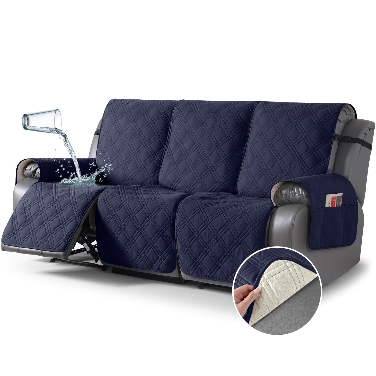 TAOCOCO Waterproof Recliner Sofa Cover, Non Slip Split Recliner Couch Cover with Elastic Straps Pocket, Washable Reclining Sofa Cover Furniture Protector for Kids, Dogs, Pets(3 Seater, Navy Blue)