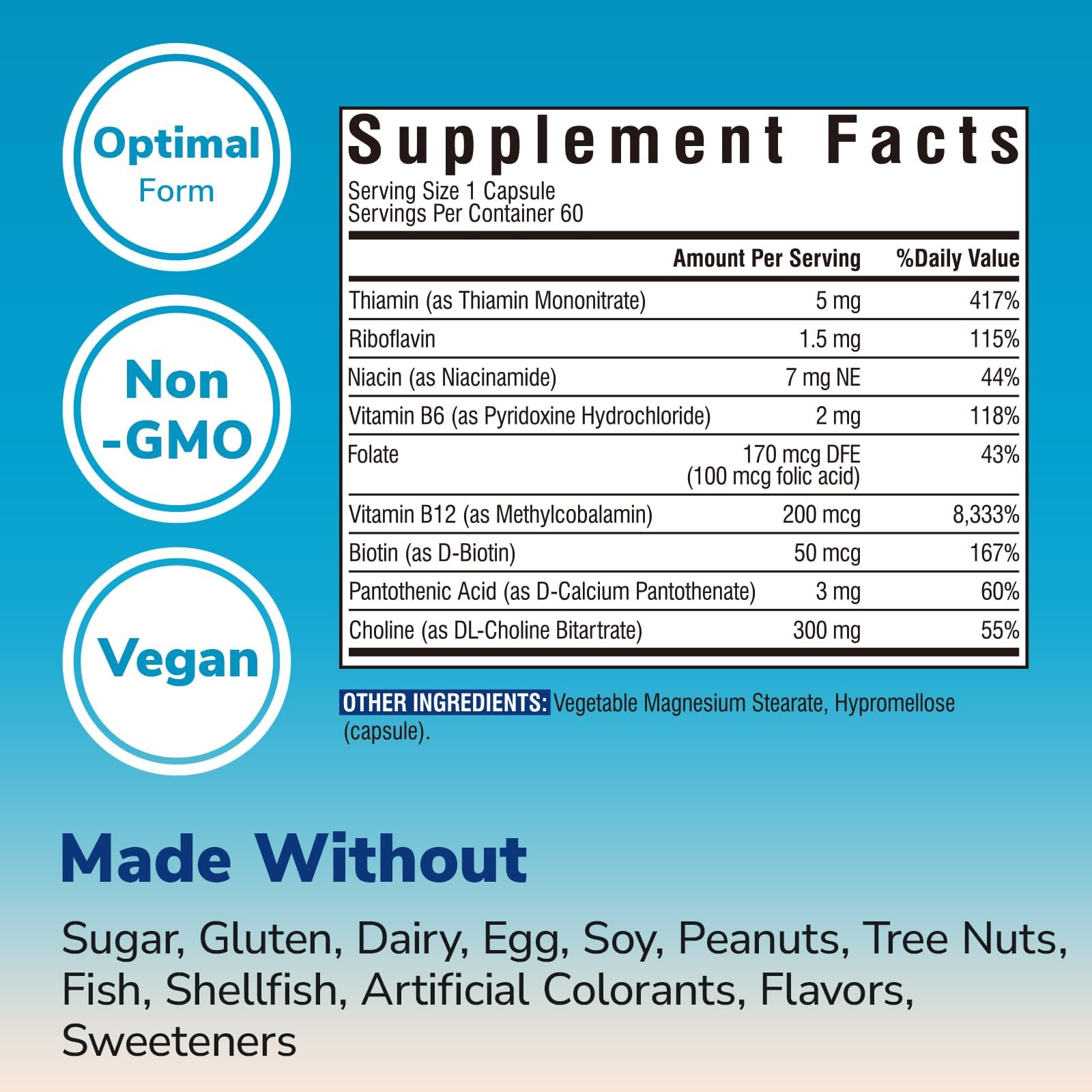 Vitalibre Choline Bitartrate 300mg Supplements, with Folate, Methyl B12, Niacinamide, Non-GMO Bioavailable Complex, Energy, Brain, Liver Support, 60 Vegan Caps — Amazon image 2