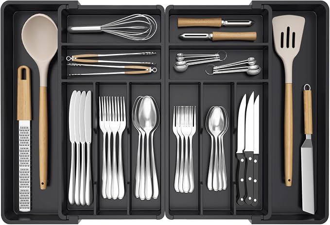 Lifewit Large Silverware Drawer Organizer, Expandable From 18 to 28 Inches, BPA Free Plastic Utensil Tray for Kitchen, Adjustable Flatware and Cutlery Holder for Spoons Forks Knives, Black