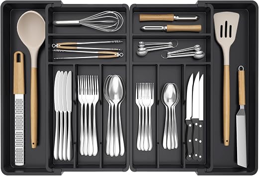 Lifewit Extra Large Cutlery Drawer Organsier, Extendable Utensil Tray for Kitchen, Silverware and Flatware Holder, Compact Plastic Storage for Spoons Forks Knives, 46-70x42cm, 12 Sections, Black