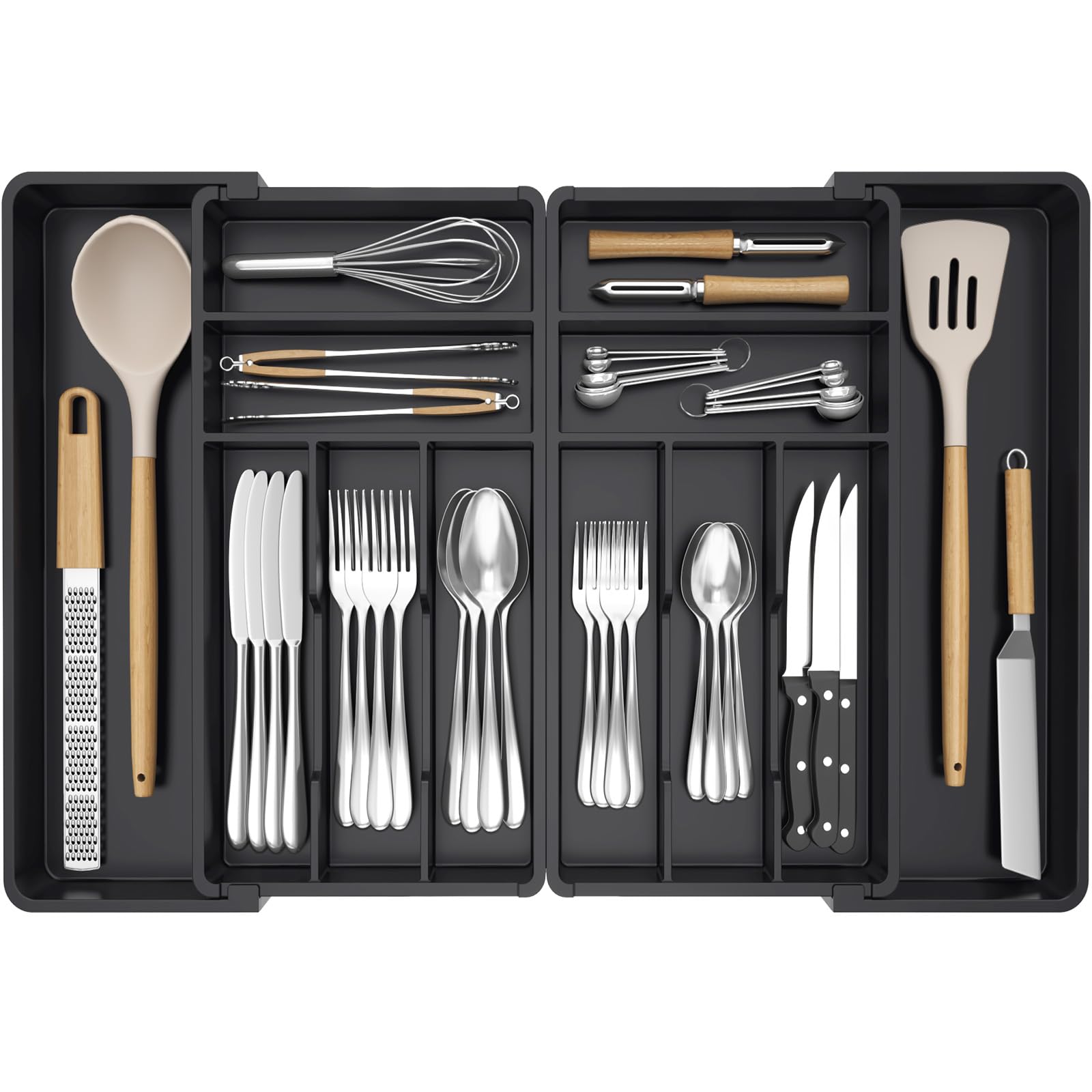 Lifewit Cutlery Drawer Organiser, Adjustable Large Utensil Trays for Kitchen Storage, 12 Compartment for Cooking Tools, Spoon, Knife, Fork, Black