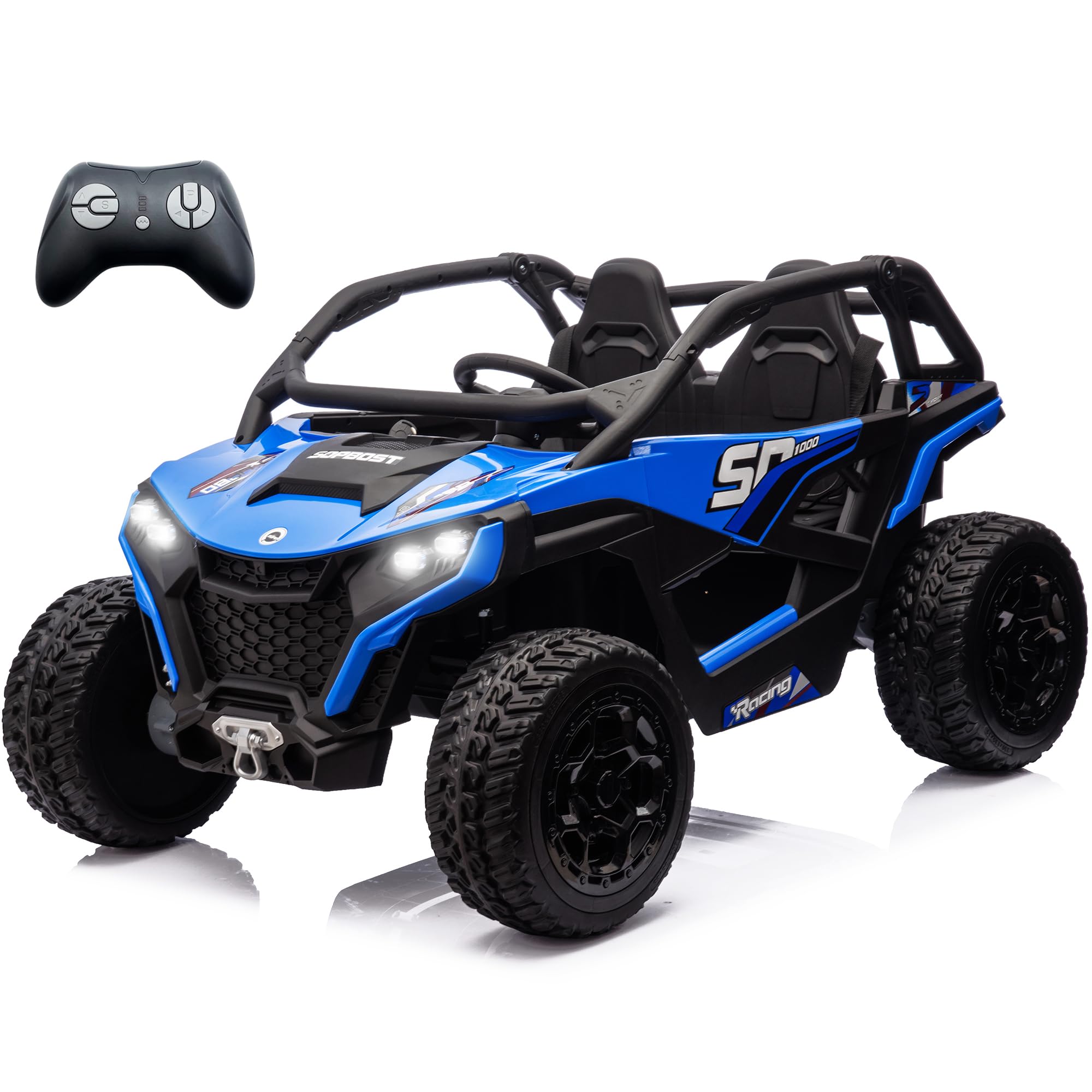 sopbost XL 24V 10Ah Real 2 Seater Kids UTV Ride-On Car with Remote Control 4x4 4WD Electric Vehicle for Kids 3-8 to Drive, Bluetooth Music, 4 Spring Suspension, 21.85" Spacious Seat - Blue