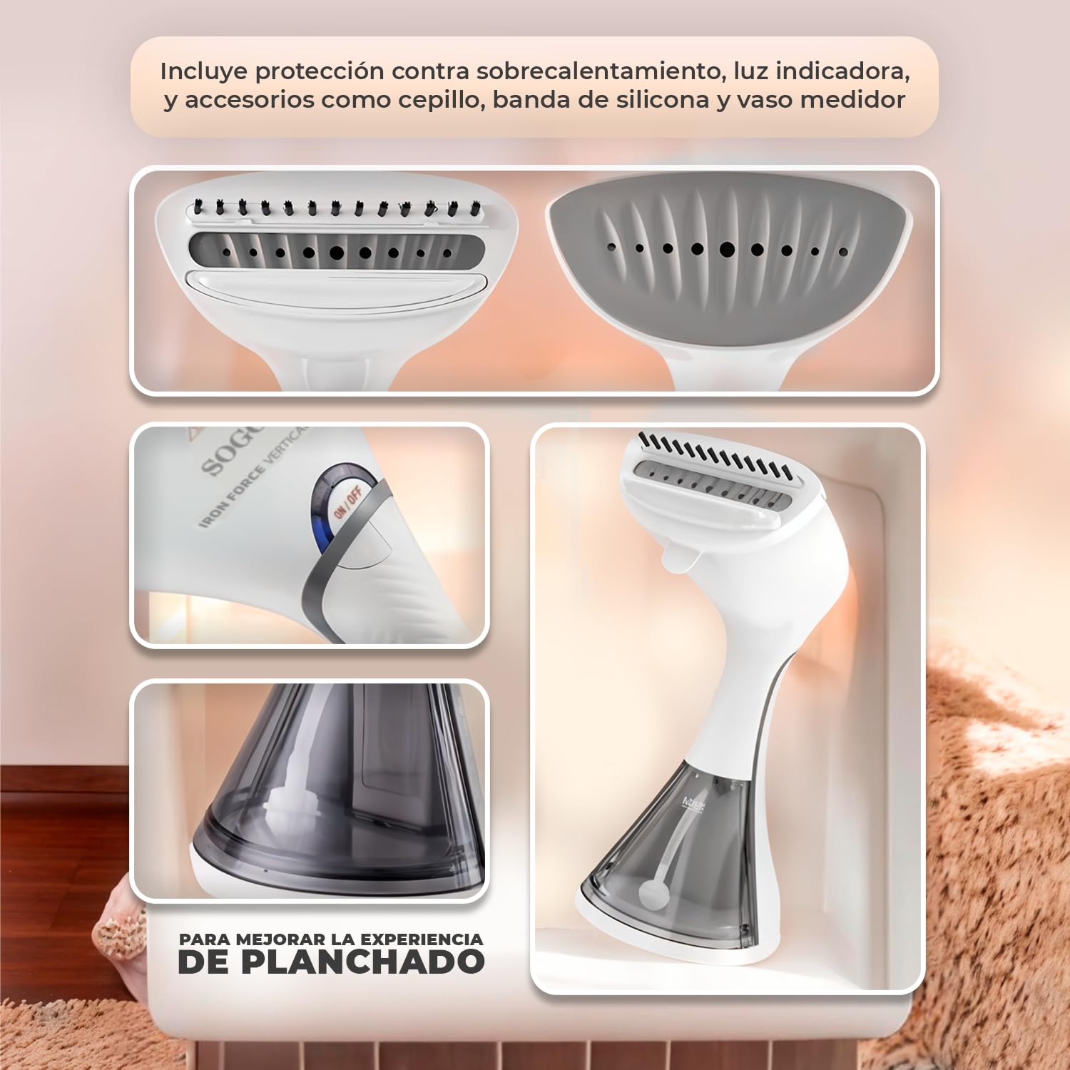 Sogo Plancha Vertical de Vapor Portátil Iron Force con Potencia 2000-2100W – Plancha Ropa Vertical con Accesorios de Cepillo y Medidor - Plancha de Vapor Vertical con Vapor Ajustable y Luz Indicadora