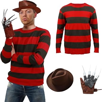 Halloween 3PCS Scary Costume Adult Red Striped Sweater with Claw Cowboy Hat