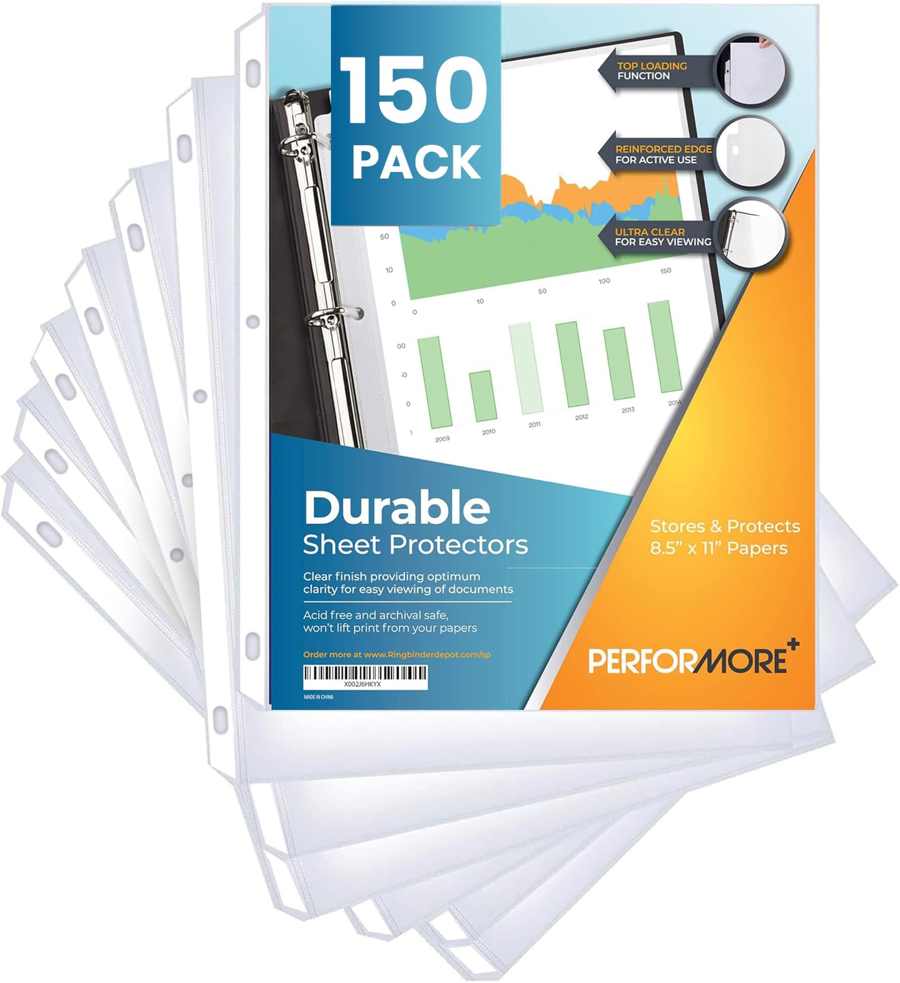 Performore150 Sheet Protectors, 8.5 X 11 Inch Clear for 3 Ring Binder, Plastic Sheet Sleeves, Durable Top Loading Paper Protector with Reinforced Holes, Archival Safe