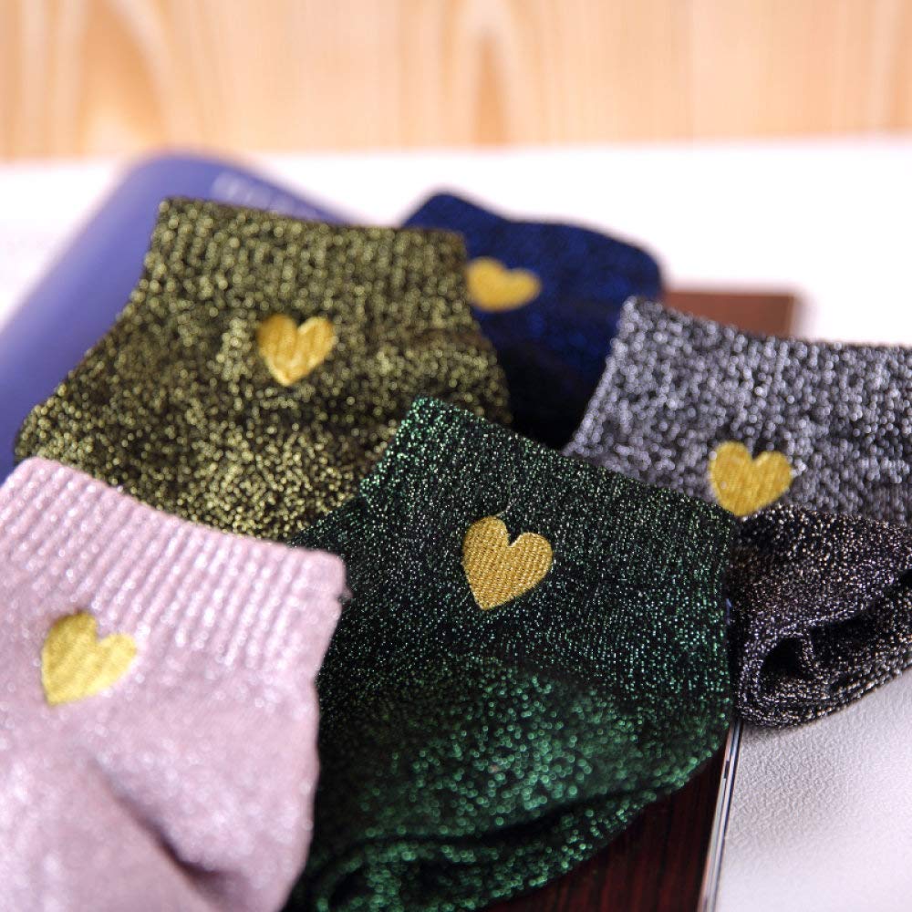 Calzini da donna, 5 paia di calzini da donna con ricamo a forma di cuore dorato, color argento, oro e seta