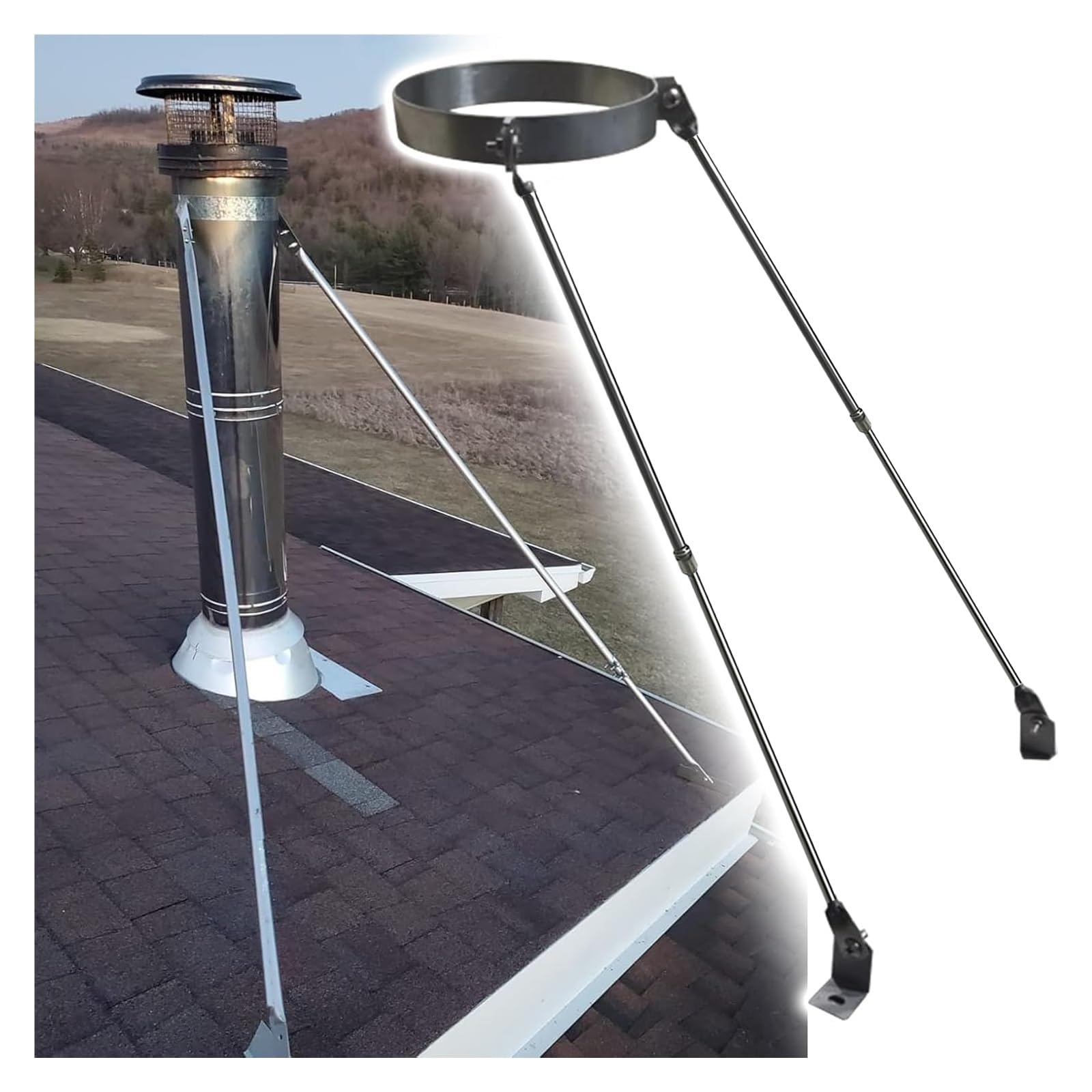 Usknxiu Adjustable Stainless Steel Chimney Pipe Support Bracket, Roof Mount Windproof Brace Holder for Stove Pipe with Screws,Dia 160mm/6.3"
