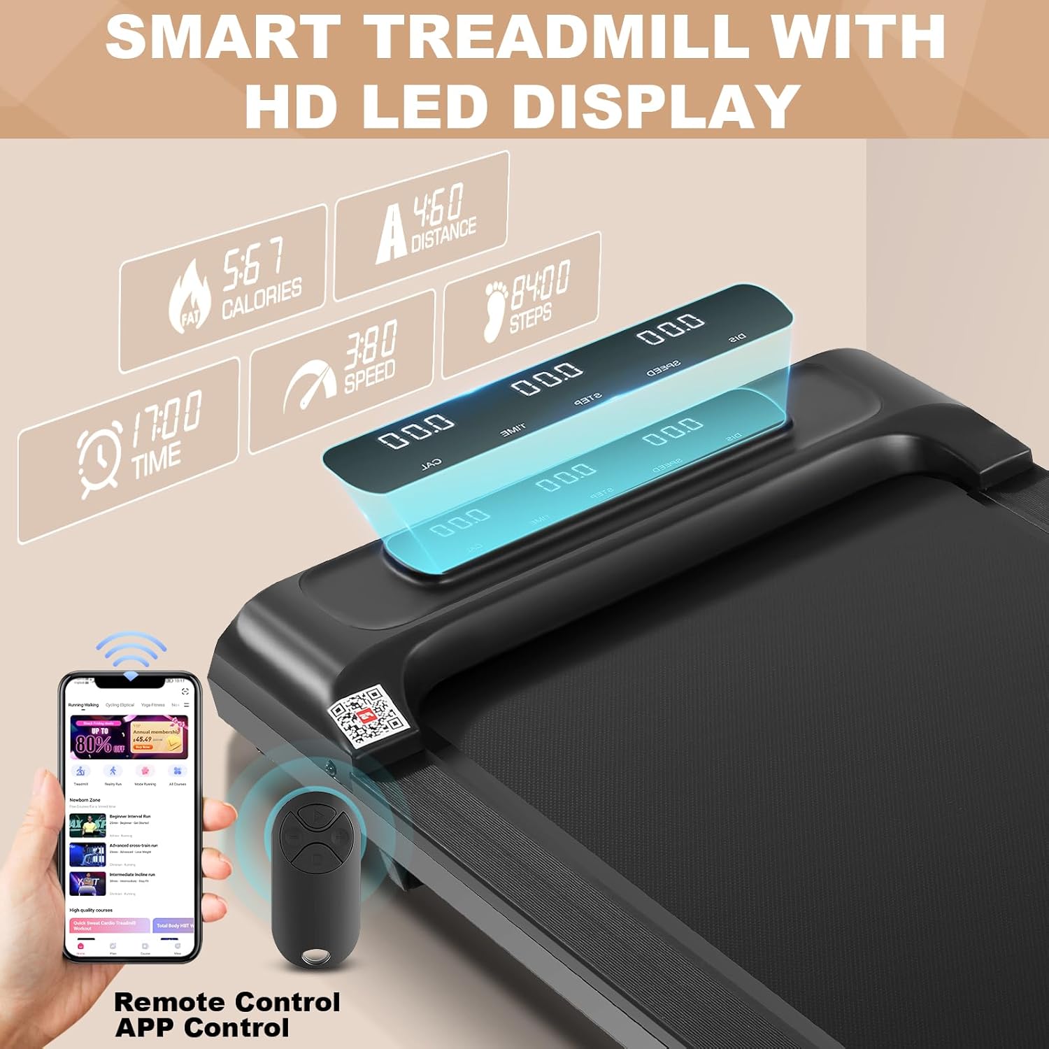 Close-up of the sytiry Smart Walking Pad Treadmill's LED display, remote control, and a smartphone showing the companion app interface.