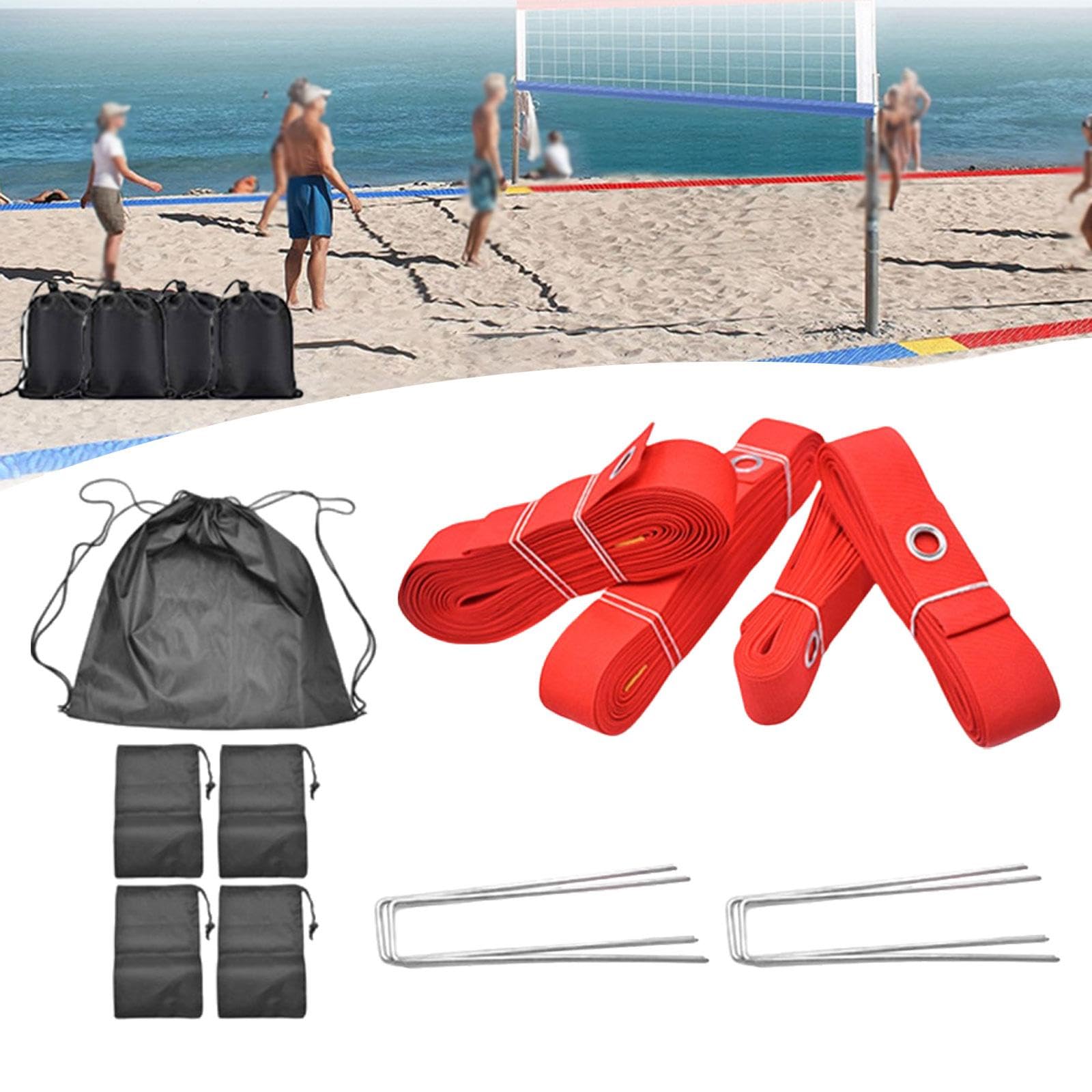Yiju Beach Volleyball Lines for Sand with Drawstring Bag Workout Portable Marking Lines Set Court Marker Kit for Grassland Beach, red