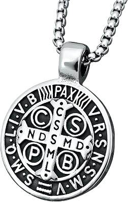 Mens Stainless Steel St Benedict Medal Necklace, Silver Catholic Cross Pendant for Protection, Exorcism Medal, Ghost Hunter Gift, Medalla de San Benito