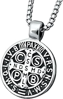 Mens Stainless Steel St Benedict Medal Necklace,Silver Catholic Medalla Cross Demon Protection Roman Exorcism Pendant Ghost Hunter,Medalla De San Benito Medalla