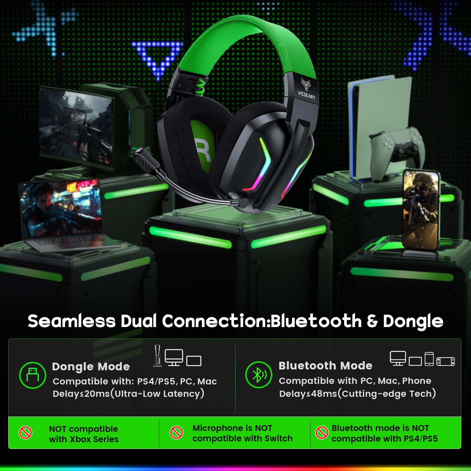 WESEARY WG1 Cascos Gaming Inalambricos, Auriculares Gaming Inalambricos para PS5, PS4, PC, Switch, Sonido Estéreo Auriculares Gaming con Microfono, Cascos con Luz LED, Duración 50Hr+