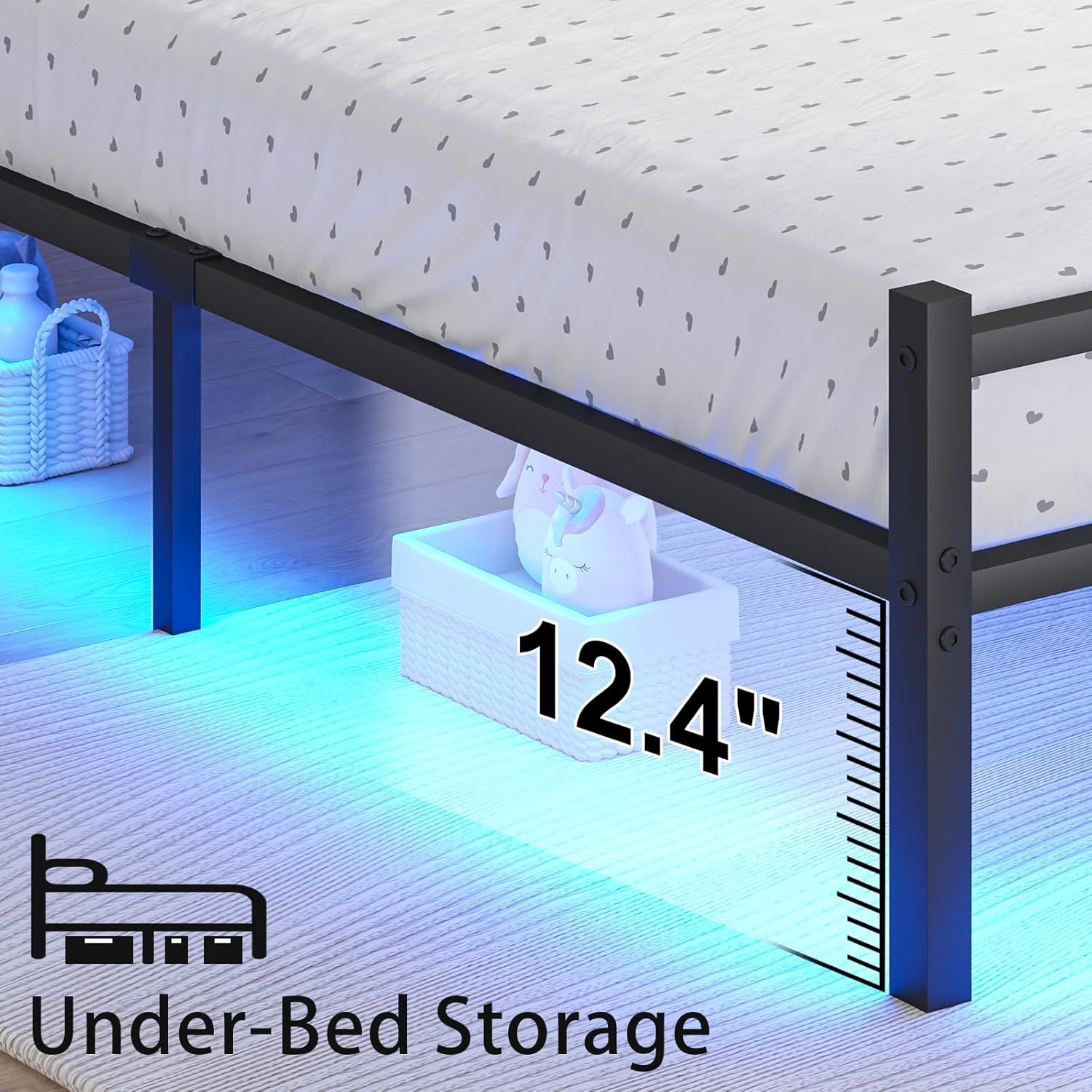 Queen Metal Bed Frame with LED Lights & Charging Station, Platform Bed with Ergonomic Storage Headboard, Steel Slats Supports, No Box Spring Needed, Noise-Free, Easy Assembly, Black
