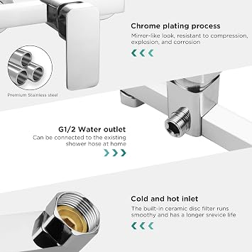 Wall Mounted Shower Mixer Tap Set Manual Exposed Shower Mixer Valve with G1/2 Outlet (UP) Bathroom Tub Mixer Tap Chrome Shower Faucet with 3-Spray Shower Head, Holder, 1.5M Hose