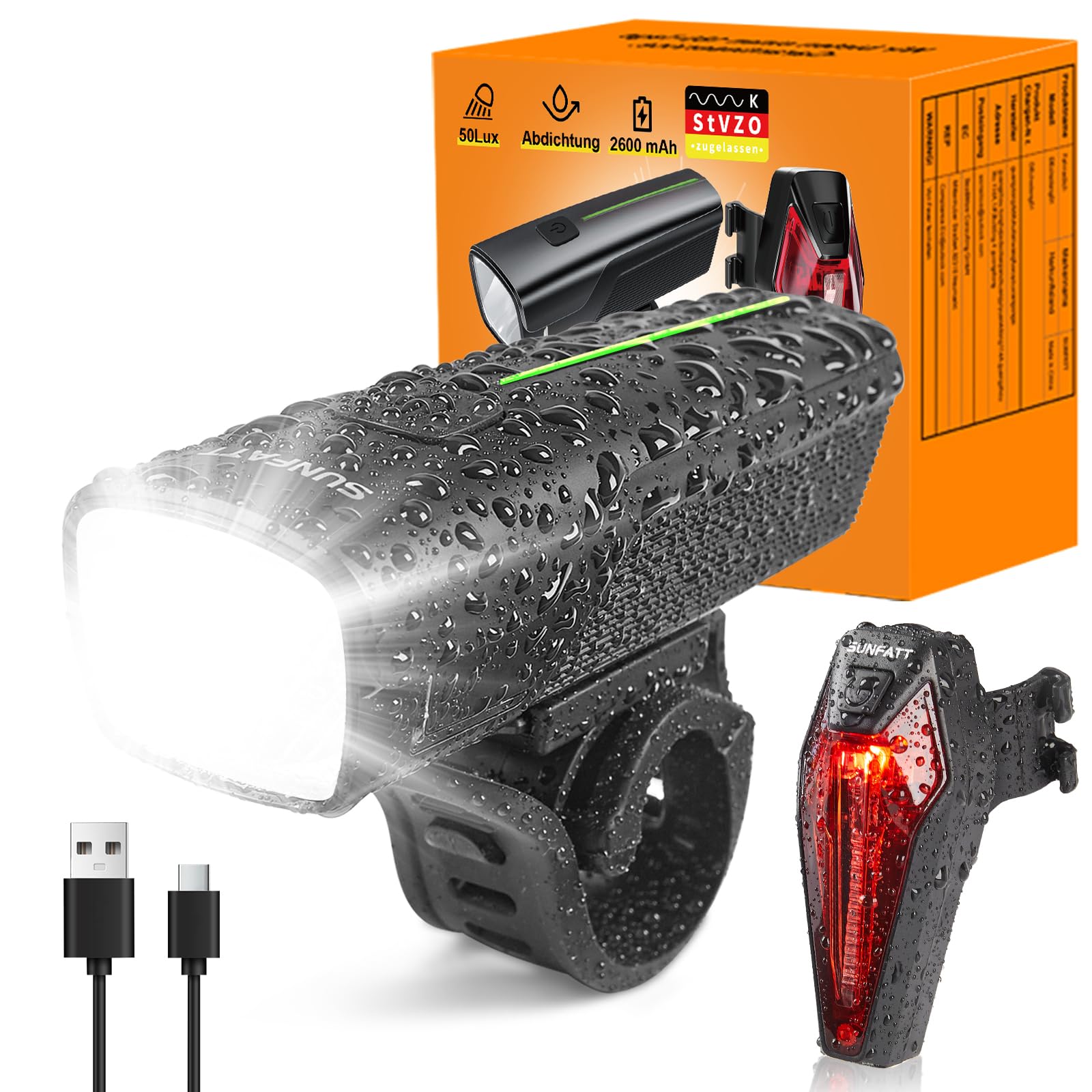 SUNFATT Fahrradlicht Set StVZO Zugelassen – 2600mAh Akku Fahrradbeleuchtung mit 50/30 Lux – IPX5 wasserdichte Fahrrad Lichter LED Set, USB Aufladbar – Helles Fahrrad Licht & Rücklicht für E-Bike