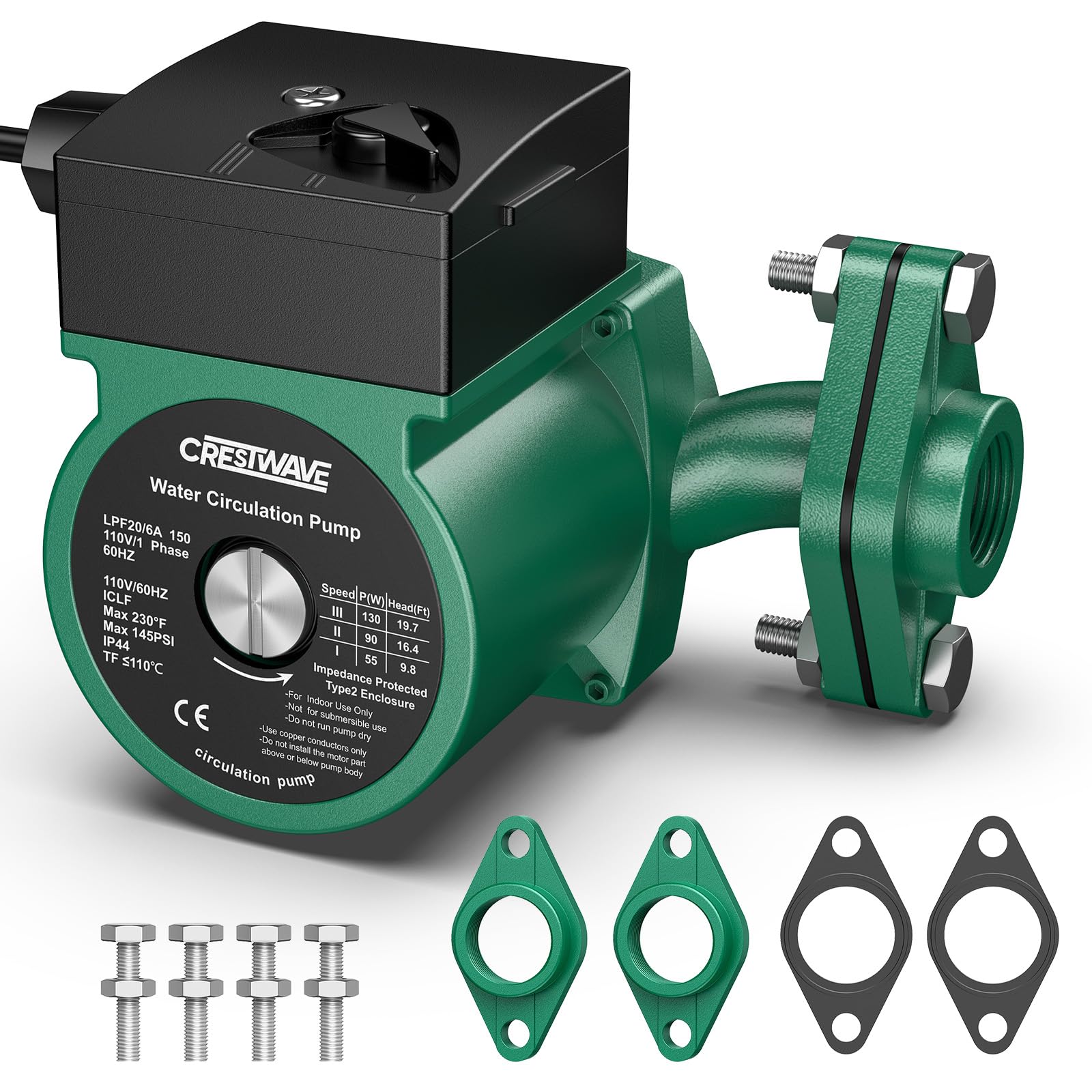 CrestWave 130W Hot Water Recirculating Pump with 1" FNPT Flanges &amp; Kit