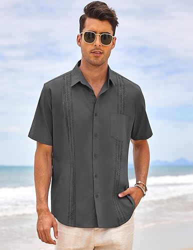 Miniatura 2 de COOFANDY Camisa guayabera cubana de algodón y lino para hombre, casual, manga corta, con botones, para verano y playa
