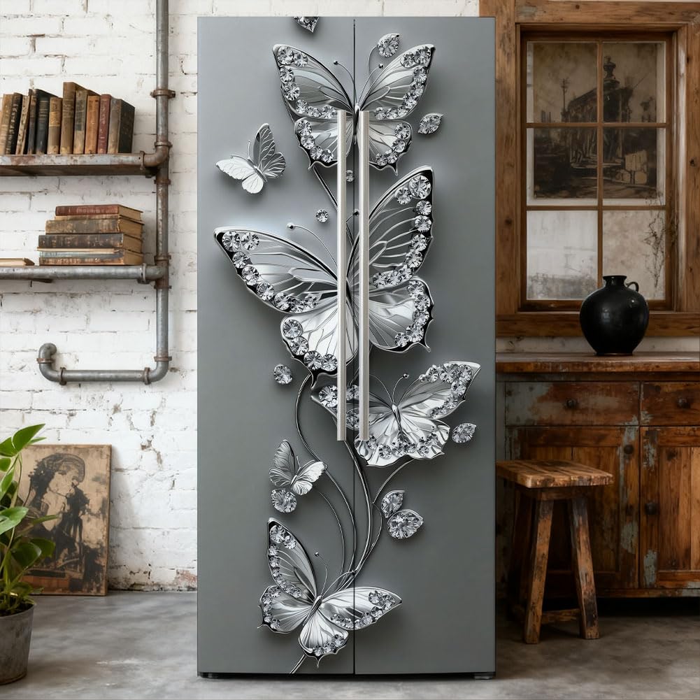 GOMAKERER 2 Pcs Rhinestone Butterfly Pattern Removable Refrigerator Wraps, Self-Adhesive Fridge Door Mural Vinyl Freezers Panel Cover Sticker for Kitchen Bar Decor, 41.5x200cm — image 1