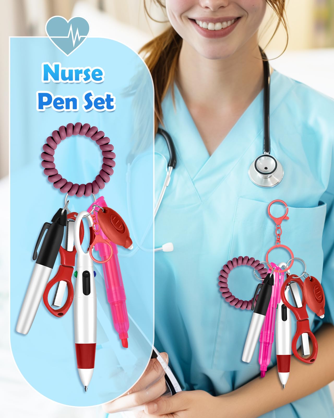Nurse Pen Set With Badge Reel - Retractable Ballpoint, Marker, Highlighter & Scissors | Medical Office Supplies