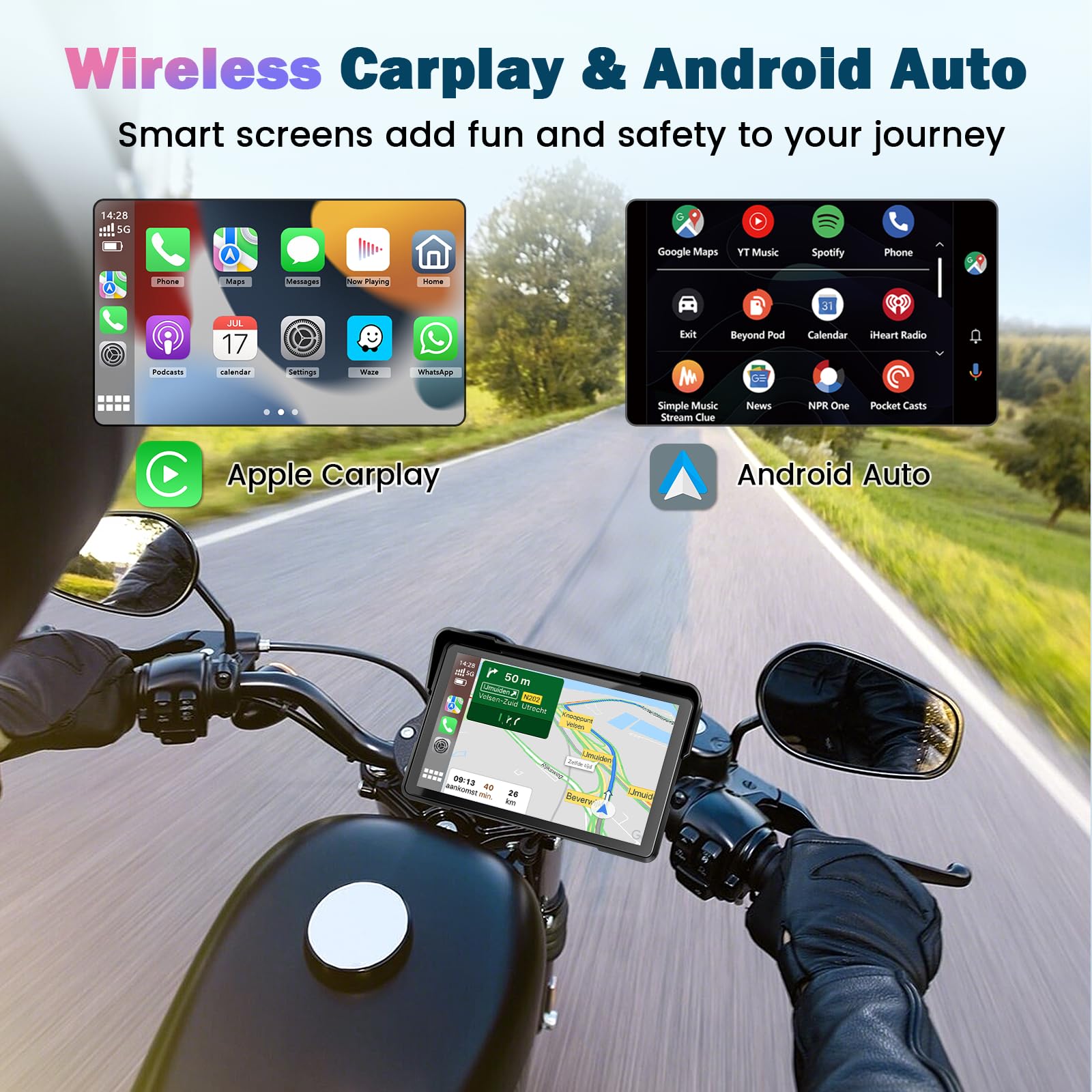Schermo Carplay Moto 7 Pollici Portatile GPS Impermeabile Bluetooth Carplay Android Auto Supporto Magnetico
