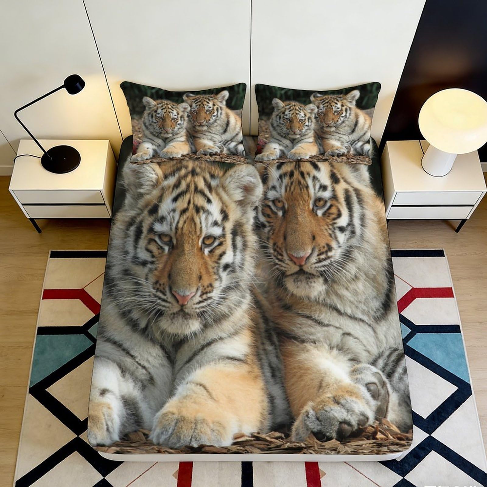 3D Printed Tiger Design Fitted Sheet Microfiber Soft Durable 3D Printed Cub Mattress Cover for Bedroom Dormitory Guest Room Mattress Protection 140x200x25cm