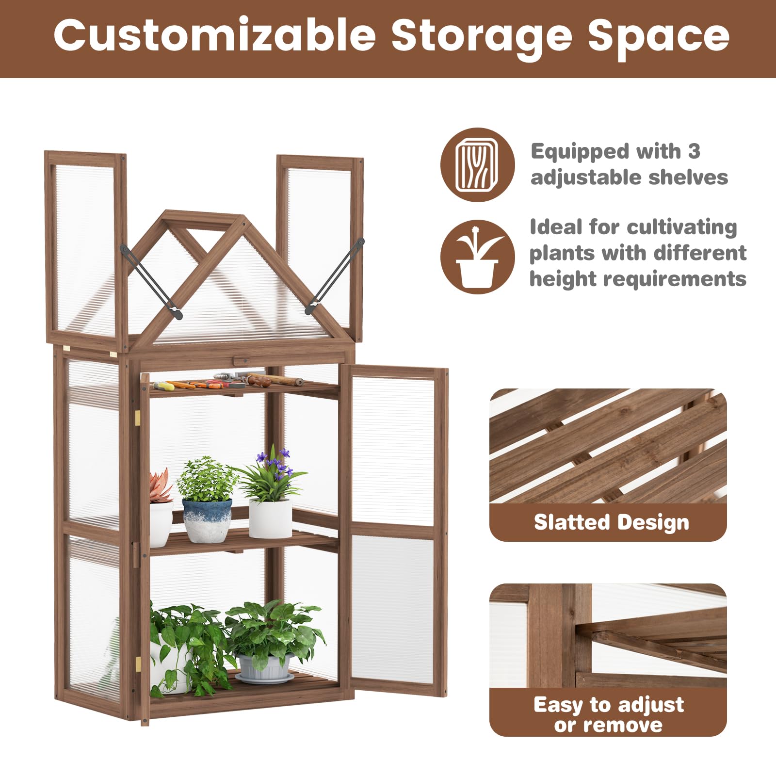 HOMASIS Mini Serra da Giardino a 3 Livelli Trasparente in Policarbonato, Serra da Balcone Invernale con 2 Porte, Tetto Apribile e Ripiani Regolabili, Struttura in Legno di Abete, 71 x 41 x 133 cm