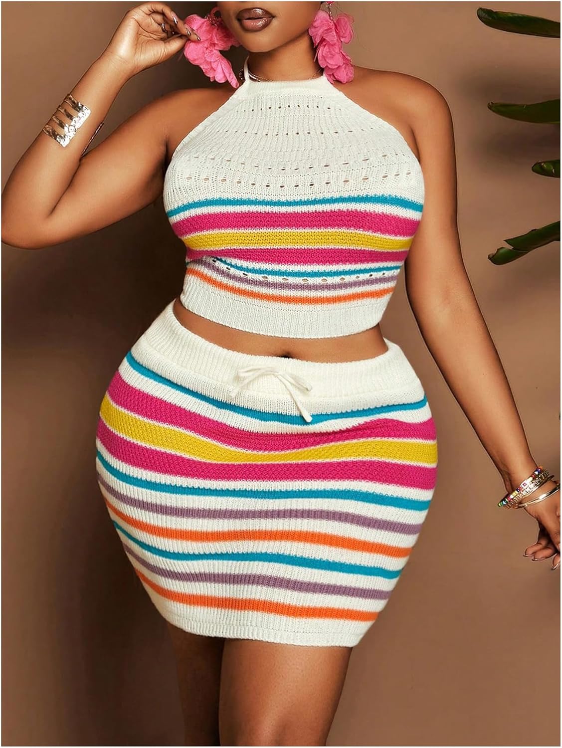 SOLY HUX Women's Plus Size Summer Outfits 2 Piece Striped Knitted Halter Crop Tops and Bodycon Mini Skirt Vacation Set - Image 4
