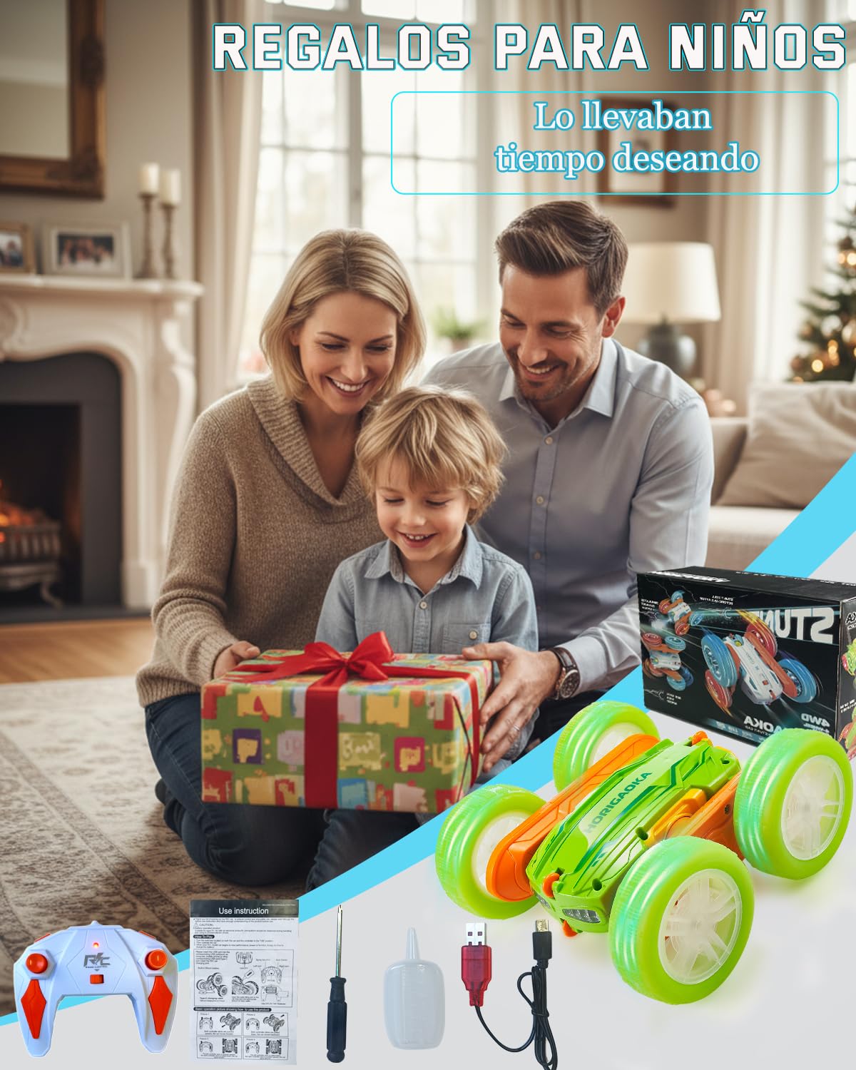 Fantocemea Coche Teledirigido, Luces LED Geniales, Coche RC con Efecto de Niebla, 2.4 GHz 360° Giro de Doble Cara, Regalo de Acrobacias para Niños de 6 a 12 Años（Verde — view 6
