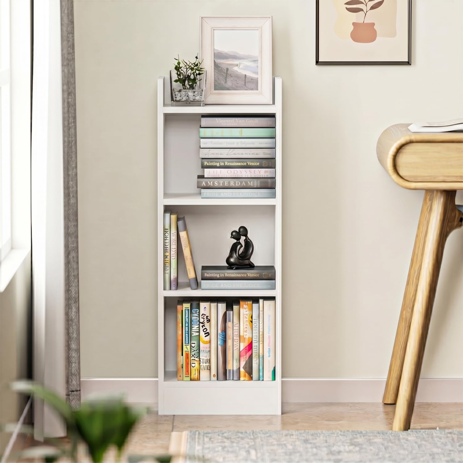 amazon brand - solimo 3 layer engineered wood bookshelf | compact storage organizer rack for home | white | l 33.4 x w 24.5 x h 89.5 cm