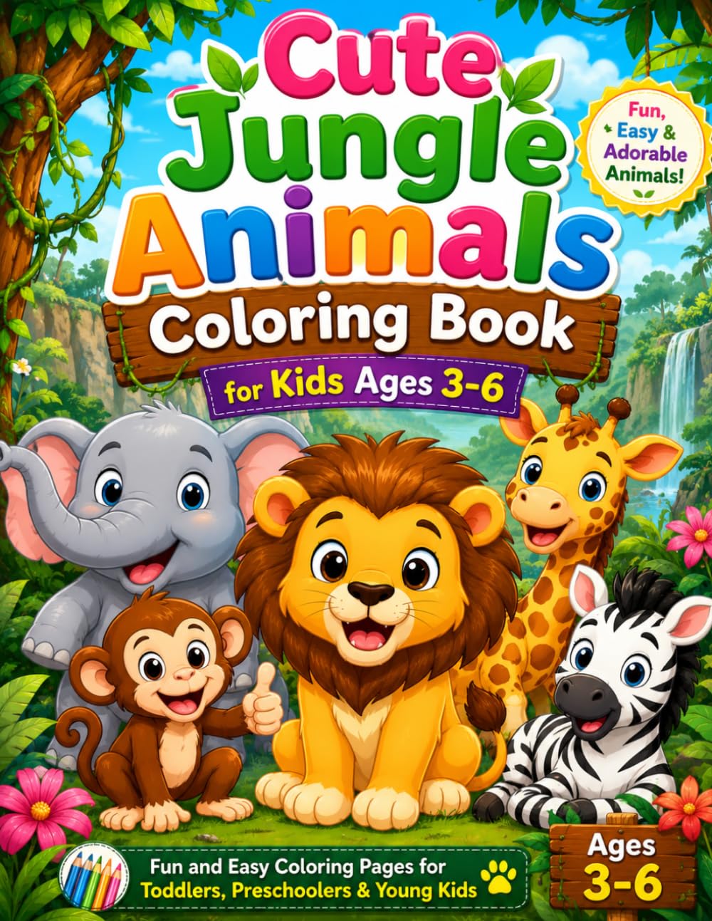 Cute Jungle Animals Coloring Book for Kids Ages 3-6