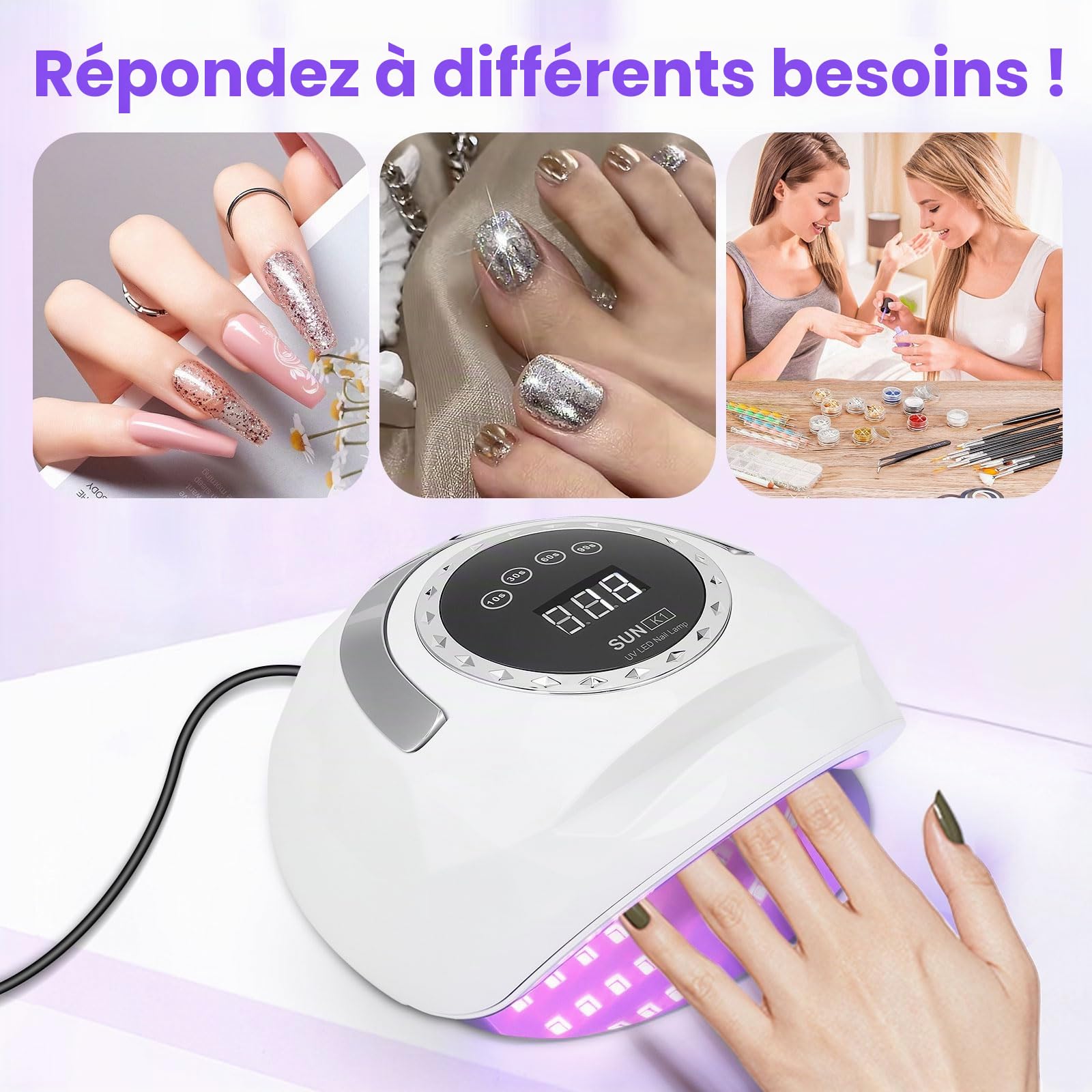 Lampe UV pour ongles en gel, 4 réglages de minuterie, affichage numérique, séchoir à ongles LED 268 W avec 72 perles, capteur automatique avec lumière manuelle, lampe LED pour salon et maison
