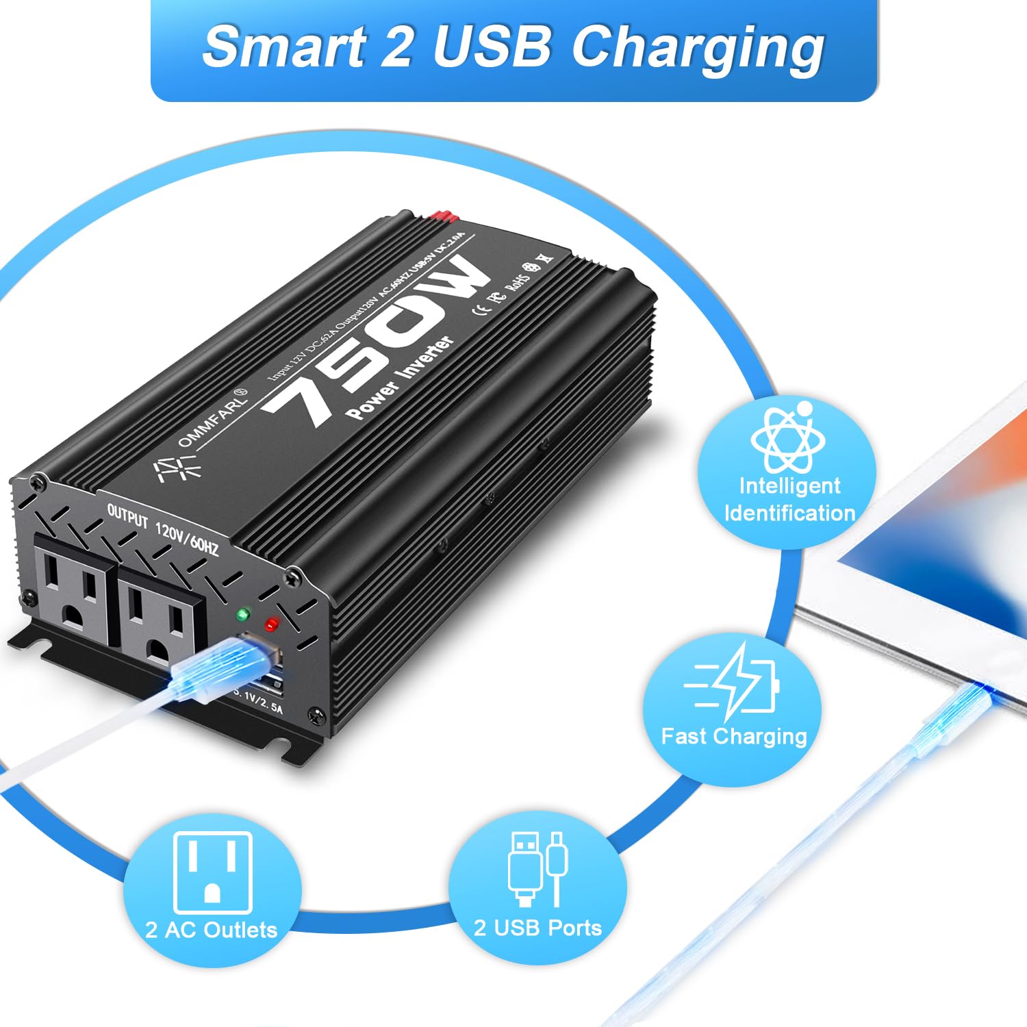 750 W DC 12 V do 110 V AC adapter samochodowy z ładowarką USB 2 A i 2 wyjściami prądu przemiennego