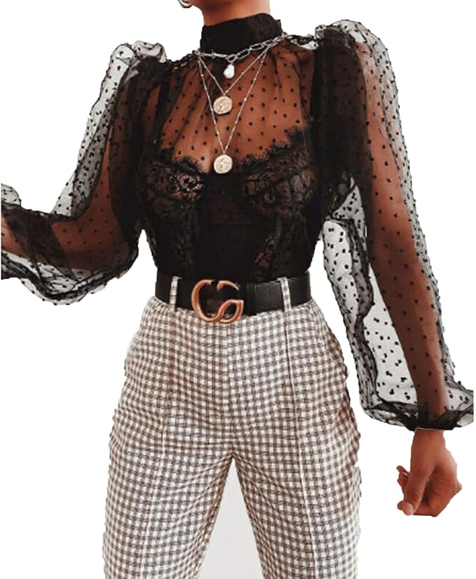 Blouses SeeThrough Women Mesh Sheer Top Shirts Transparent Lace Puff