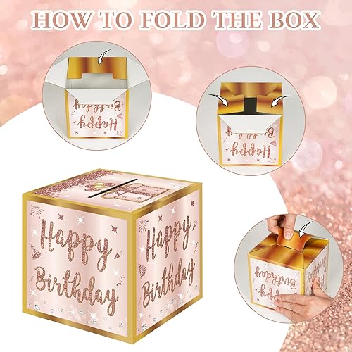 Miniatura 6 de Turypaty Caja de regalo de feliz cumpleaños con calcomanías de bricolaje para cualquier edad, caja de regalo sorpresa de oro rosa para fiesta de