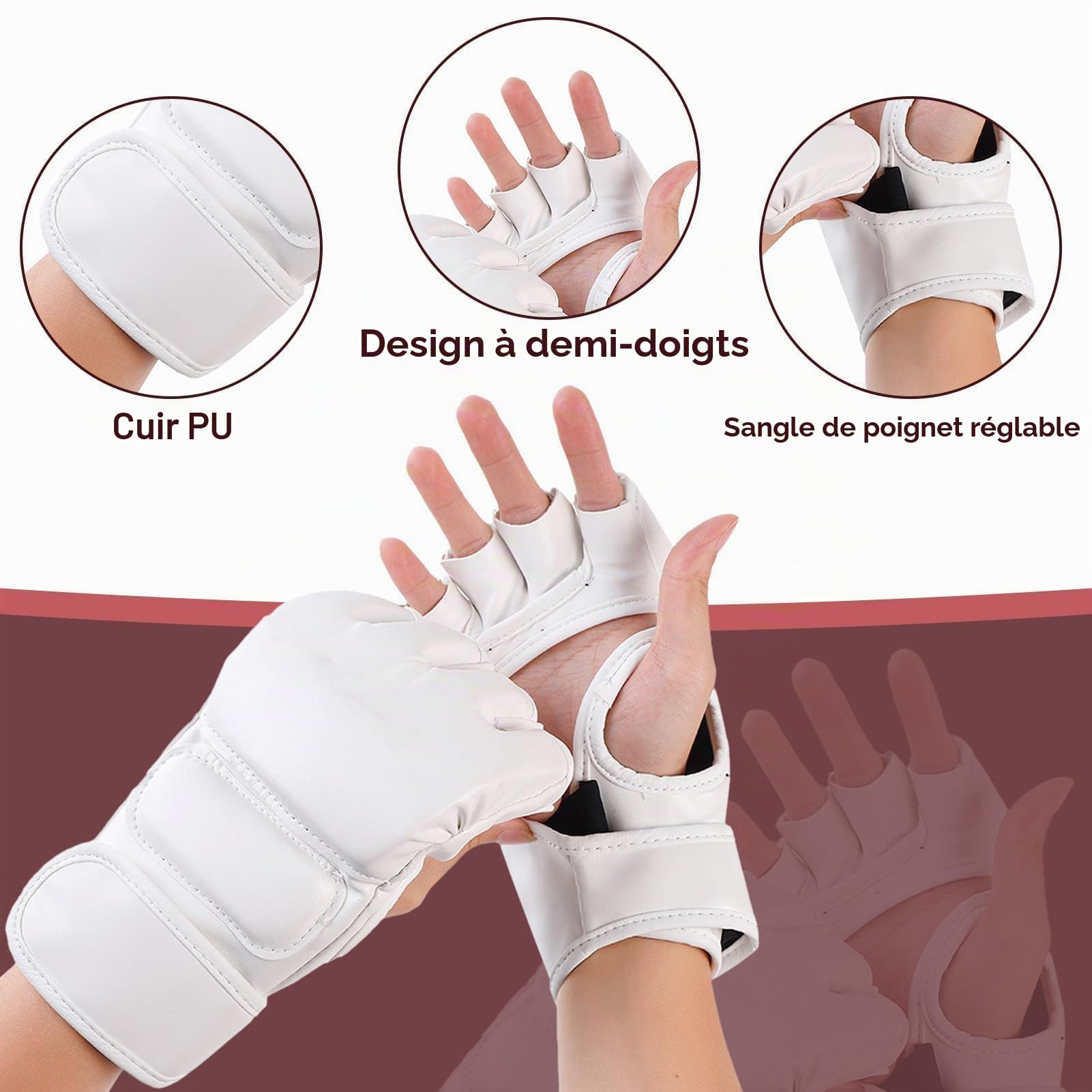 HERCHR 1 Paire de Gants de Boxe Demi-Doigts, Paumes Ouvertes Gants de Combat Kickboxing Gants de Sparring Respirants en Cuir Maya Hide Support de Poignet pour Arts Martiaux Muay Thai