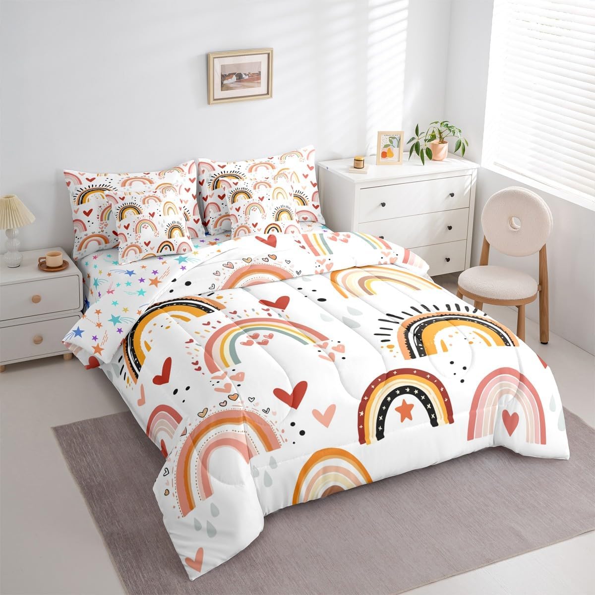 Erosebridal Rainbow Full Size 7 Piece Bedding Set for Kids Red Love Heart Kawaii Bed in A Bag Bohemian Exotic Comforter Set for Girls Teens Bedroom Decor Hand Drawn Iridescent Bed Sets, Colorful image 3