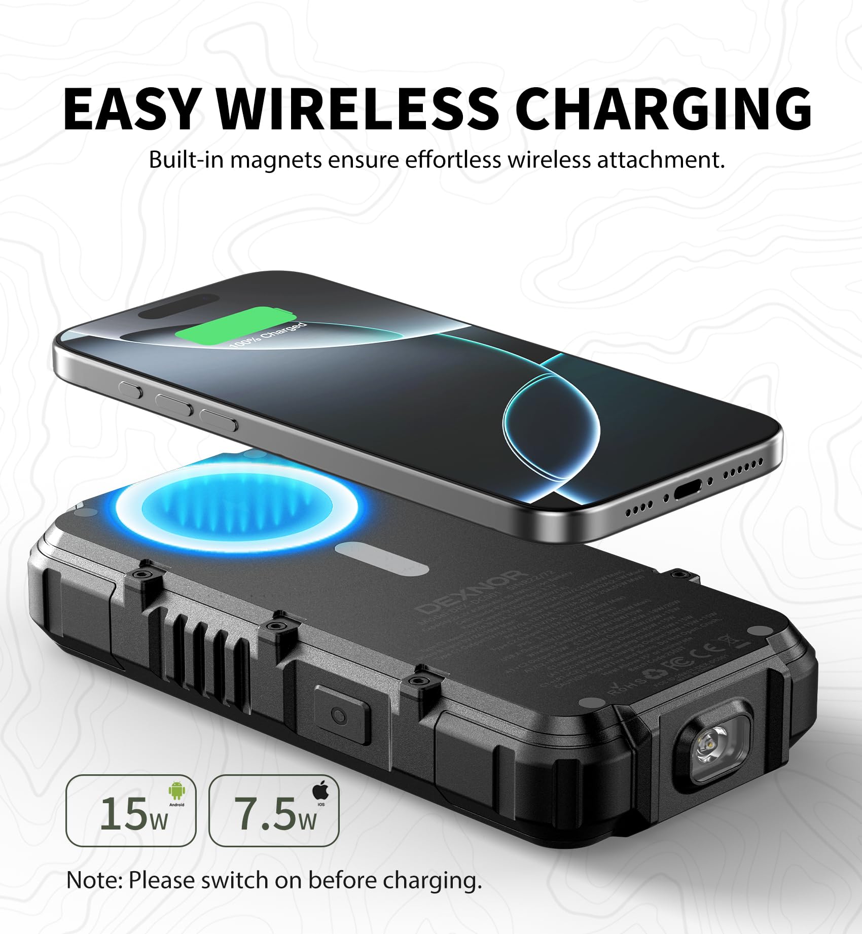 Dexnor Solar Powerbank 27.000 mAh mit 65W PD3.0 & QC3.0 Schnellladung, Tragbarer Externer Akku mit Wireless Charging, Taschenlampe und Karabiner - Kompatibel mit MagSafe & Qi