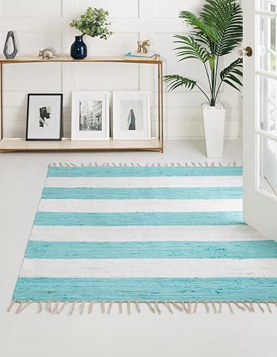 Unique Loom Chindi Rag Collection - Alfombra a rayas (5 pies 1 pulgada, cuadrada, turquesa y marfil) disponible en Yaxa Venezuela