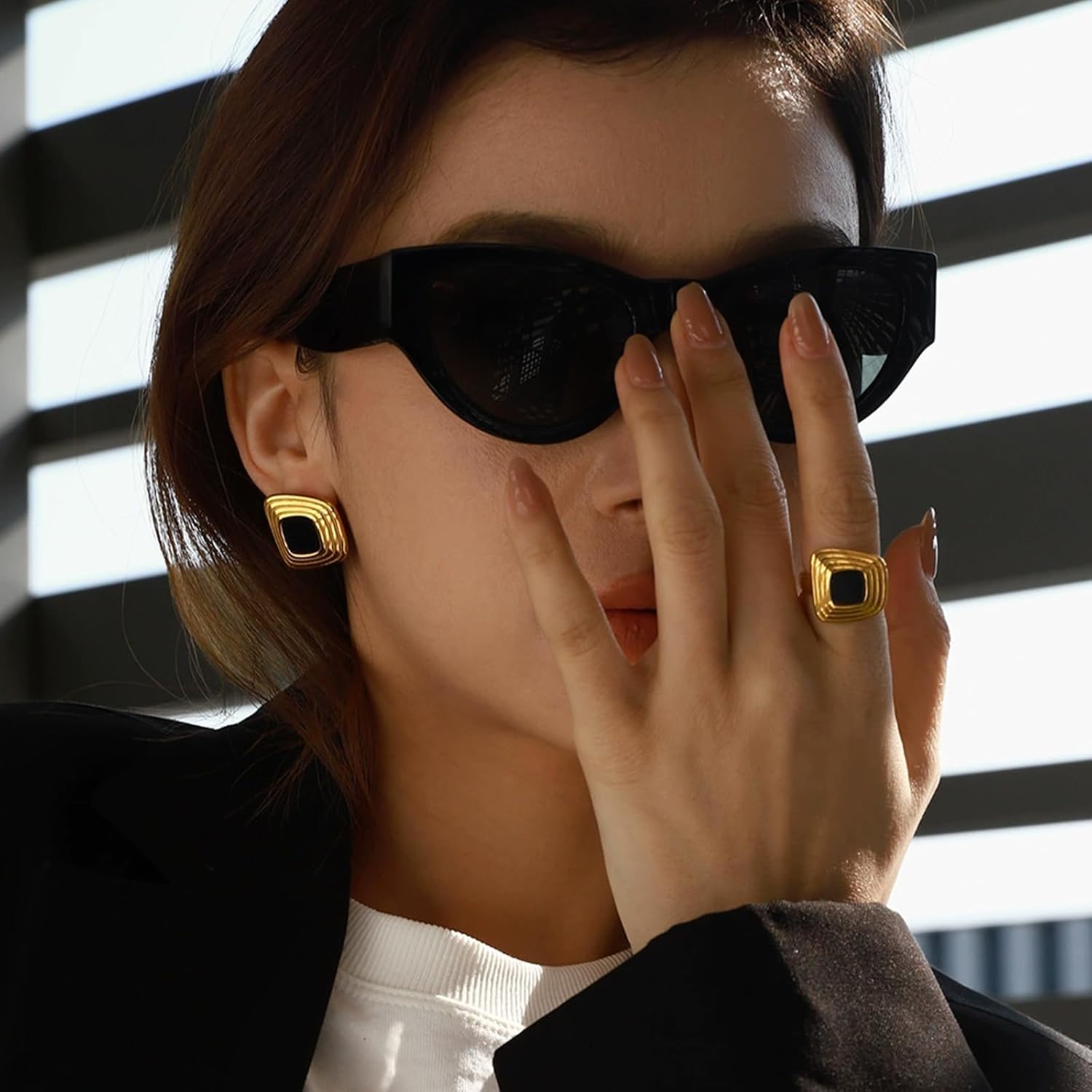 RAUCHBE Big Chunky Gold Earrings for Women Vintage Black Oval Earring Onyx Statement Earrings Trendy Jewelry - Image 2