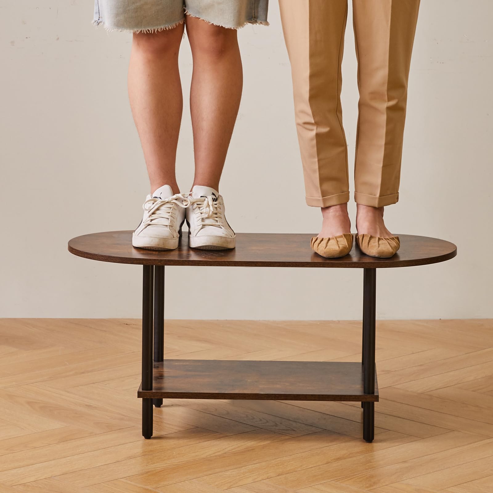 Mesa de centro rústica pequeña, mesa de centro de TV de 35 x 16 x 17 pulgadas, mesa de té ovalada de madera de 2 niveles para sala de estar, apartamento, marrón rústico YD-012H 4